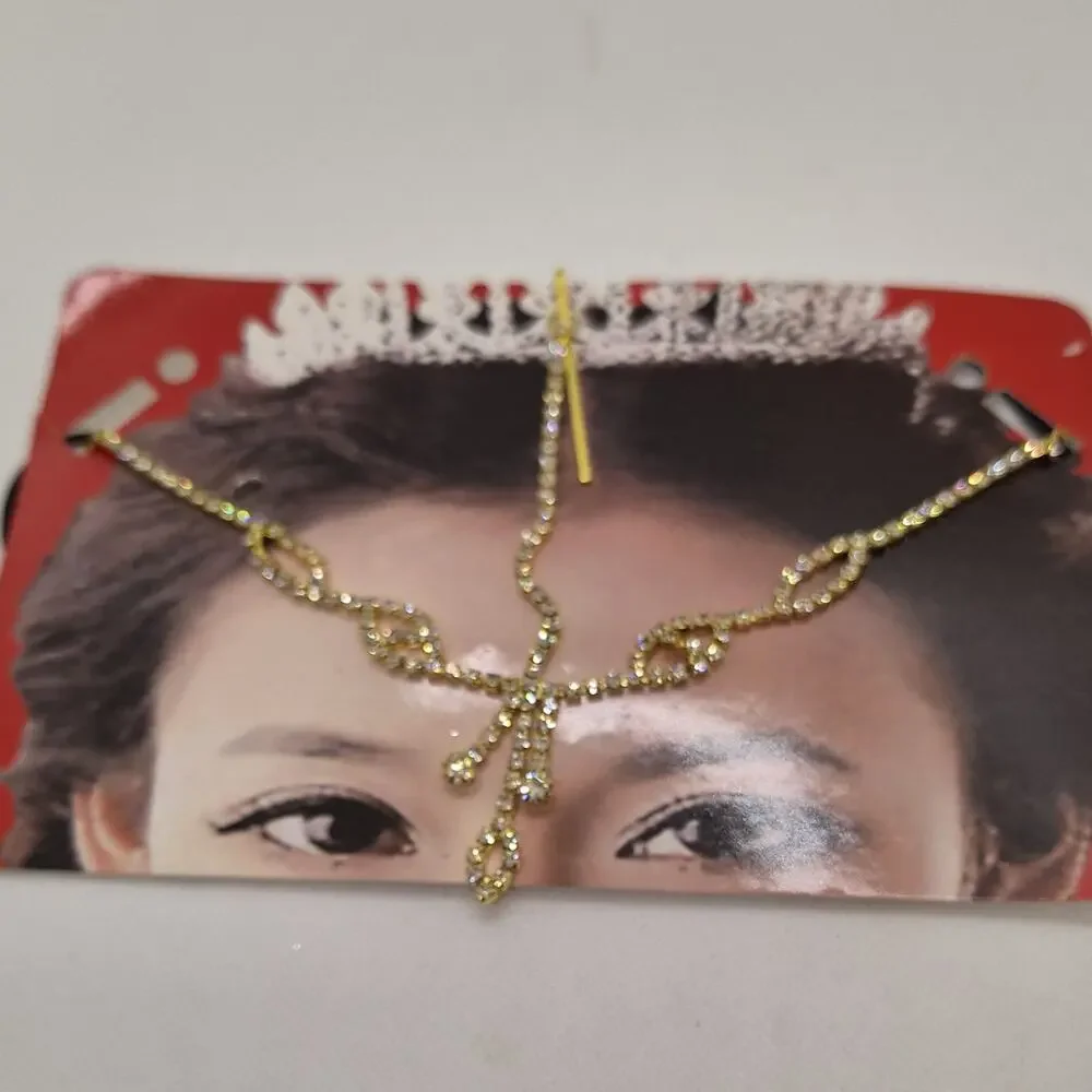 Rhinestone Head Chain Gold Tone Boho Bridal Prom